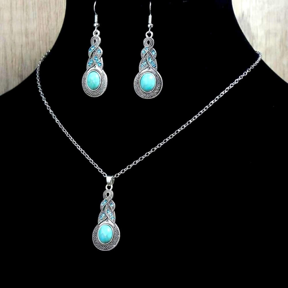 3pcs Turquoise drop bohemian earrings & necklace